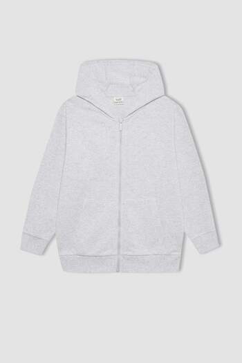 DeFacto Boy's Hooded Pique Zippered Basic Plain Sweatshirt B6503A824Sp