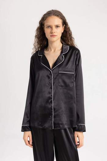 DeFacto Fall in Love Regular Fit Pajama Collar Satin Long Sleeve Casual Pajama Top A9160Ax24Sp