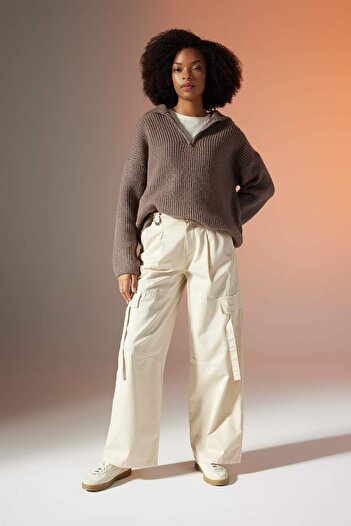 DeFacto Wide Leg Cargo Pocket High Waist Standard Size Gabardine Trousers B8659Ax23Cw