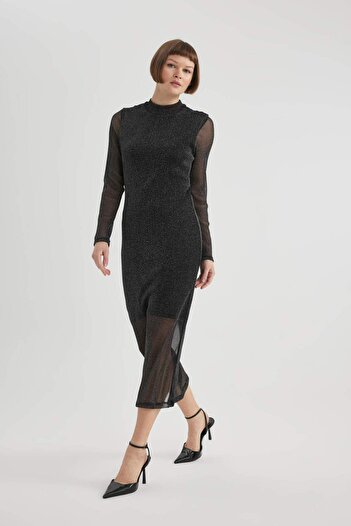 DeFacto Bodycon Bodycon Basic Μίντι Φόρεμα με μακρυμάνικο μισό ζιβάγκο B6668AX23WN