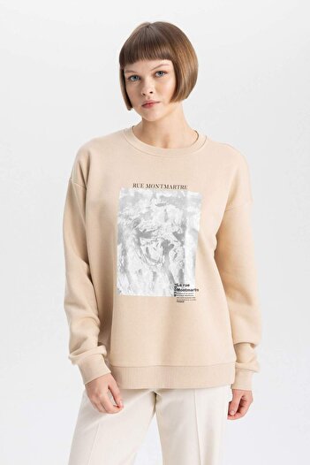 DeFacto Relax Fit Crew Neck εμπριμέ χοντρό φούτερ B6375AX23WN