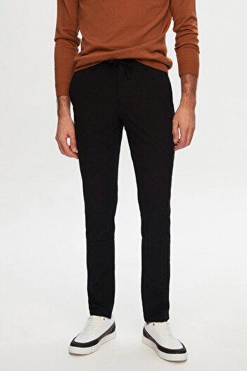 D'S Damat Ds Damat Slim Fit Siyah Beli Lastikli İpli Fermuarlı Likralı Rahat Jogger Pantolon