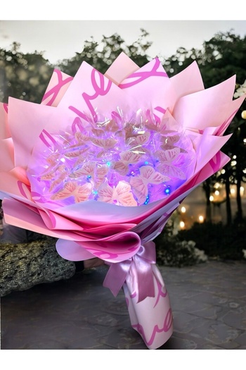exzone Led Işıklı Pembe Kelebek Buketi Love Ambalajlı, Dekoratif Konsept Hediye Anneye, Sevgiliye,arkadaşa