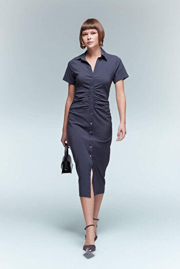 DeFacto Shirt Collar Button Half Sleeve Midi Dress A3176Ax23Au