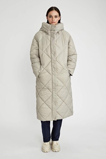DeFacto Water Repellent Hooded Long Coat Parka Quilted Zipper Snap Closure Pocket A1151Ax23Au