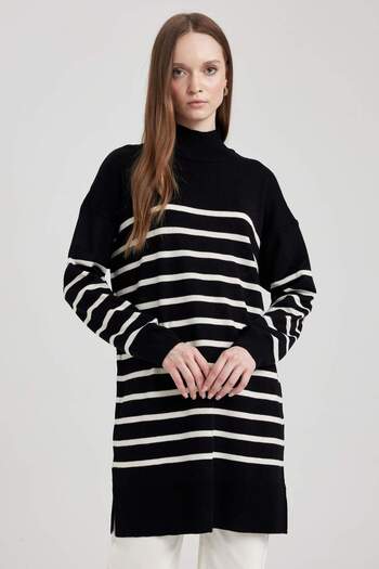 DeFacto Relax Fit Striped Turtleneck Slit Sweater Tunic U9892Az23Wn