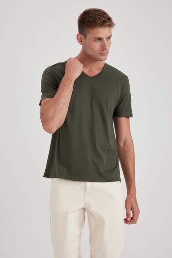 DeFacto 100% bavlna Slim Fit Slim Fit tričko s krátkým rukávem a výstřihem do V B0646AXNS