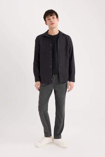 DeFacto Slim Fit Slim Fit Cotton Basic Plain Long Sleeve Black Shirt A4644Ax23Au