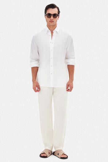 D'S Damat Ds Damat Comfort White Plain 100% Linen Shirt