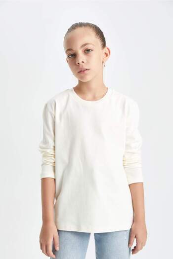 DeFacto Girls' Gray Crew Neck Combed Cotton Long-Sleeved School T-Shirt U6810A623Au