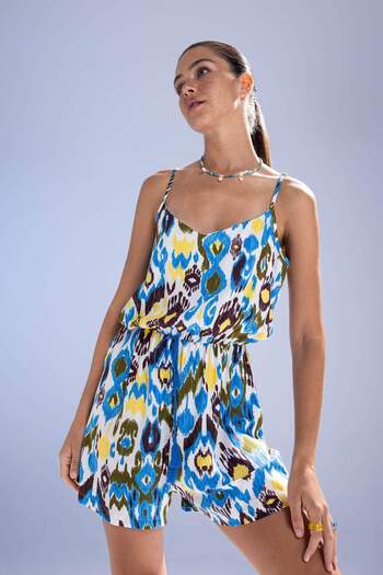 DeFacto V-Neck Tropical Patterned Adjustable Strap Mini Jumpsuit T9657AZ23HS