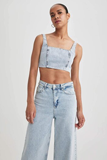 DeFacto Crop Kare Yaka %100 Pamuk Jean Bluz A8524AX23HS