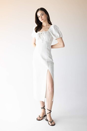 DeFacto A-Line Smocked Neckline Slit White Linen Short Sleeve Midi Dress B0128Ax23Sm