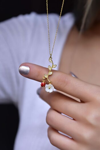 Papatya Silver 925 Ayar Gümüş Gold Kaplama Uğur Böcekli Manolya Sedef Çiçek Kolye