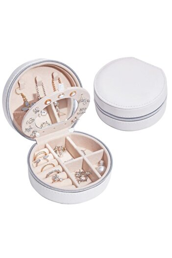 Chavin White Mirrored Leather Travel Ring Earrings Necklace Jewelry Box st1-69by