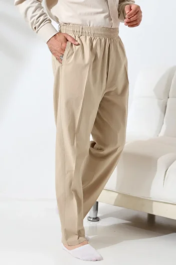 ihvan online Μπεζ λινό Shalwar - Ανδρικό παντελόνι με χαλαρή εφαρμογή και ελαστική μέση