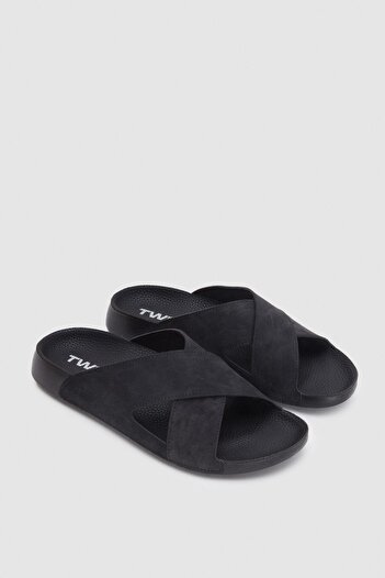 Twn Black Cross Band Slippers