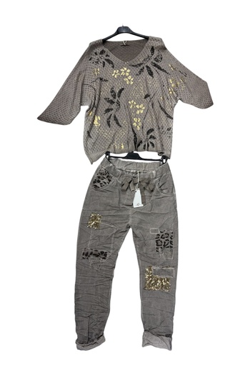 AGORATEKSTİL Women's Italian Gilded Mercerized and Full Lycra Sequin Leopard Detailed Trousers