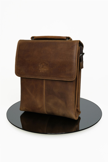 KANGAROO KINGDOM Genuine Leather Handbag with Handle Postman Cowhide Light Camel Crazy Horse 2344-Zac