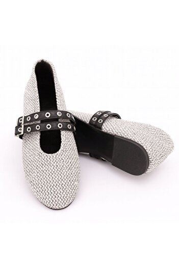 cevaplus Women's Double Strap Studded Daily Ballerina Gray Straw