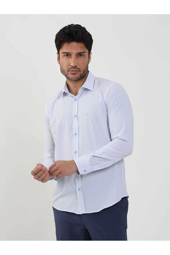Dufy Синя чоловіча сорочка Slim Fit у смужку з ґудзиками на комірі та довгими рукавами