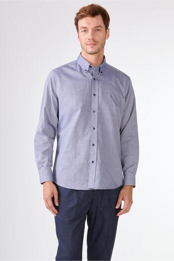 Dufy Navy Blue Men's Regular Fit Oxford Brent Button down Collar Long Sleeve Shirt