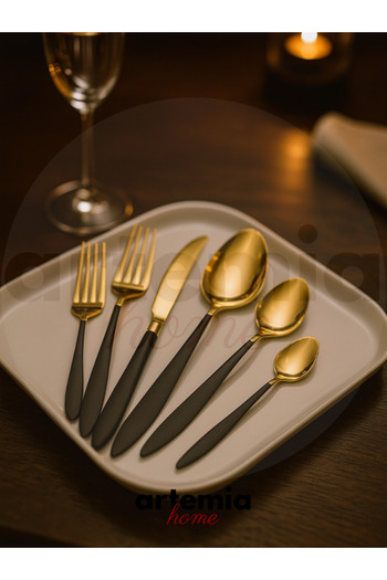 DMR LİFE 90 Piece Gold Dine Black Handle Fork/Spoon/Knife Set Stainless Steel 18/10