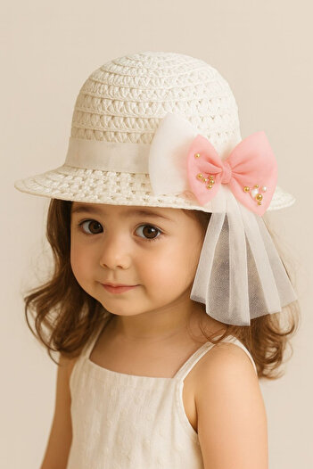ESİLA KİDS Girls' Pink Bow Summer Straw Hat with Pearl and Bead Decoration 3-8 Years Old