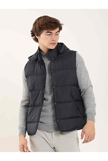Dufy Navy Blue Men's Regular Fit Plain Hooded Vest Coat