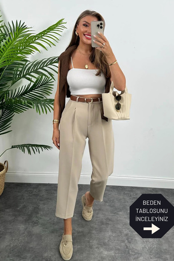 trendalisse Premium Quality Tok Fabric Belted Carrot Trousers