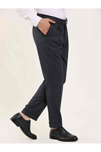 Dufy Navy Blue Men's Slim Fit Herringbone Patterned Classic Trousers