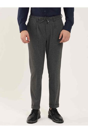 Dufy Dark Gray Men's Slim Fit Striped Classic Trousers