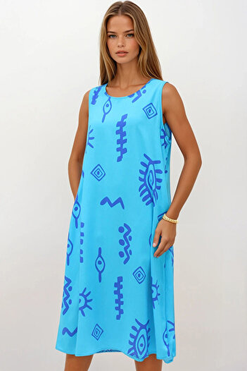 VAGGON Women's Blue Patterned Double Pocket Sleeveless Relaxed Cut Dress Vs00269