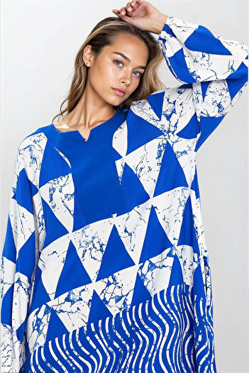 VAGGON Women's Blue Elasticated Sleeves Double Pockets Plus Size Dress Vs00293