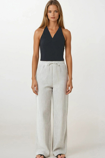 VAGGON Women's Anthracite Double Pocket Striped Muslin Palazzo Trousers Vs00197