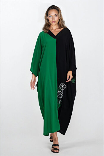VAGGON Women's Green Front Button Double Pocket Plus Size Viscose Dress Vs00334