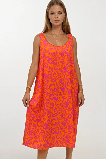 VAGGON Women's Orange Elastic Shoulders Sleeveless Relaxed Cut Patterned Dress Vs00270
