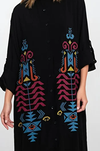 VAGGON Women's Black Shirt Collar Button Embroidered Skirt Ruffle Plus Size Dress Vs00331