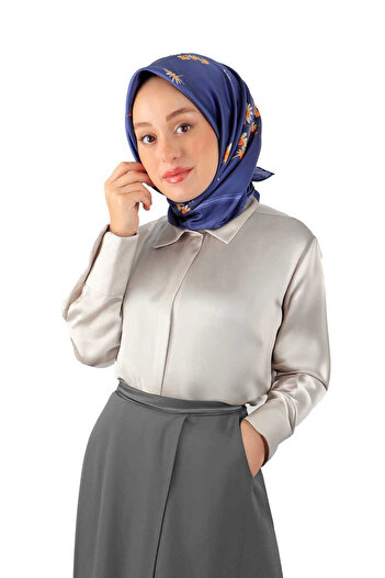 Bursa İpek Μπλε Navy Twill Silk Φουλάρι - Μαργαρίτα με σχέδιο