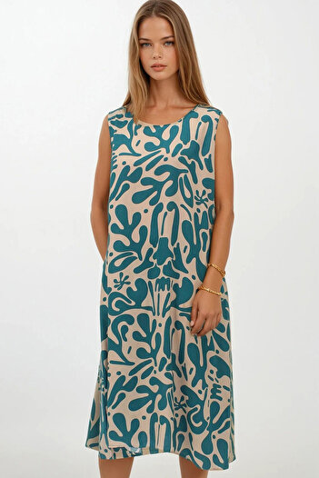 VAGGON Women's Sky Blue Patterned Double Pocket Sleeveless Relaxed Cut Dress Vs00269