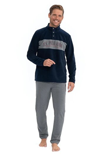 U.S. Polo Assn. U.S. Polo Assn. 18826 Men's Fleece Long Sleeve Stand Collar Comfortable Home Wear-Navy Blue