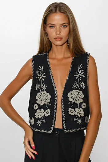 VAGGON Women's Black Embroidery Detailed Lined Textured Crop Vest Vs00242