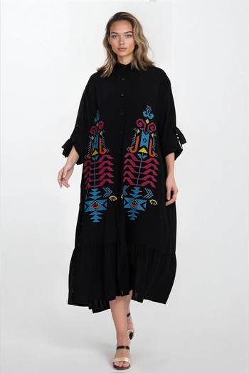 VAGGON Women's Black Shirt Collar Button Embroidered Skirt Ruffle Plus Size Dress Vs00331