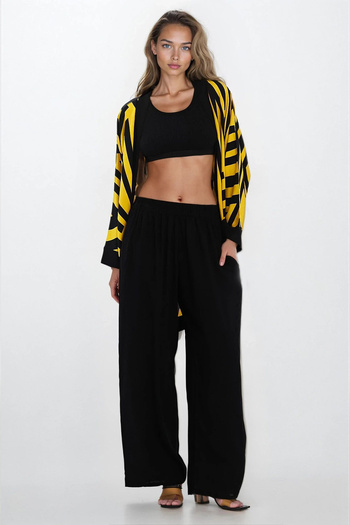 VAGGON Women's Yellow Double Pocket Elastic Waist Pants and Kimono 2-Piece Suit Vs00294