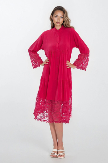 VAGGON Women's Fuchsia Judge Collar Button Front Lace Viscose Dress Vs00337
