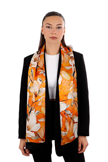 Bursa İpek Silk Scarf - Orange Daffodil Pattern