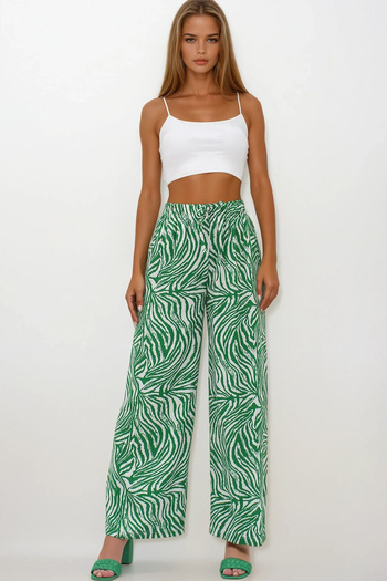 VAGGON Women's Green Elastic Waist Linen Palazzo Patterned Trousers Vs00219