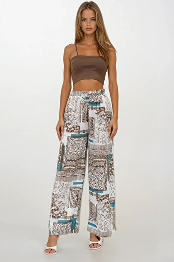 VAGGON Women's Brown Elastic Waist Linen Palazzo Patterned Trousers Vs00219