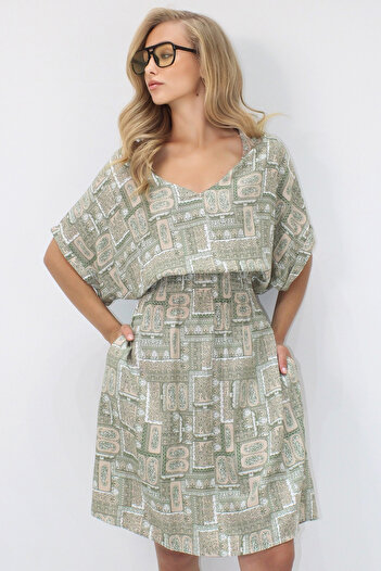 VAGGON Women's Green V-Neck Double Pocket Ethnic Patterned Waist Giped Woven Viscosse Dress Prmx14200