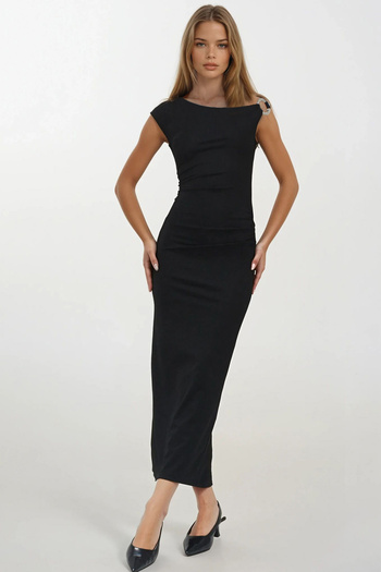 VAGGON Women's Black Asymmetrical Collar Ring Detailed Gathered Side Midi Length Dress Vs00248